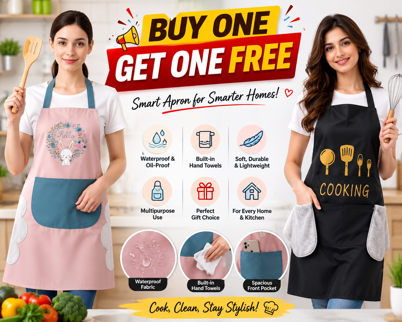 ✨ Premium Multipurpose Waterproof Kitchen Apron | Buy 1 Get 1 FREE 🎉